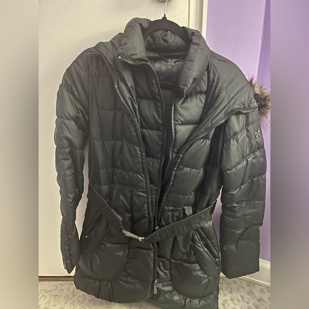 Dawn Levy real fur black down coat XS extra small